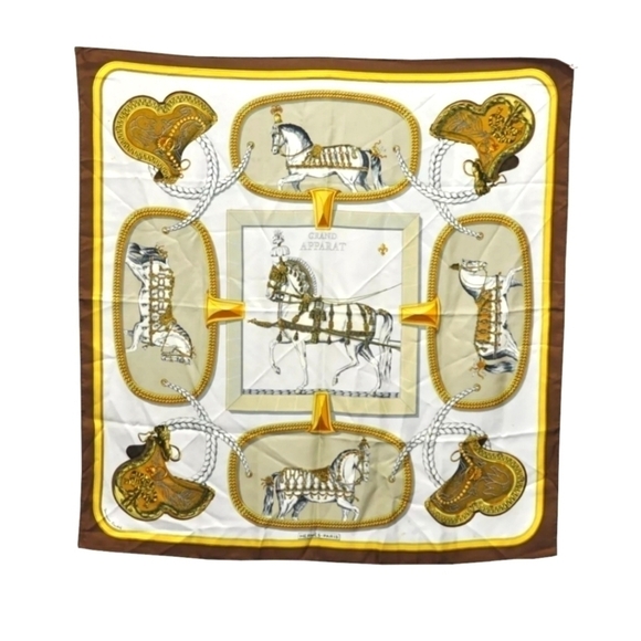 Hermes Accessories - Hermès Paris Vintage Grand Apparat Silk Scarf 90 in Cream and Brown